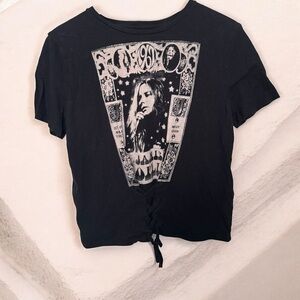 Janis Joplin groovy lace up Black Graphic Women's Top XS oversized goth y2k